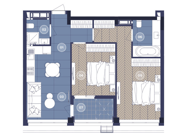 ЖК Dnipro Island: планування 2-кімнатної квартири 65.37 м²