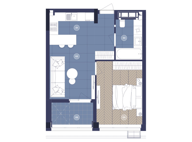 ЖК Dnipro Island: планування 1-кімнатної квартири 45.24 м²