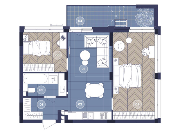 ЖК Dnipro Island: планування 2-кімнатної квартири 61.44 м²