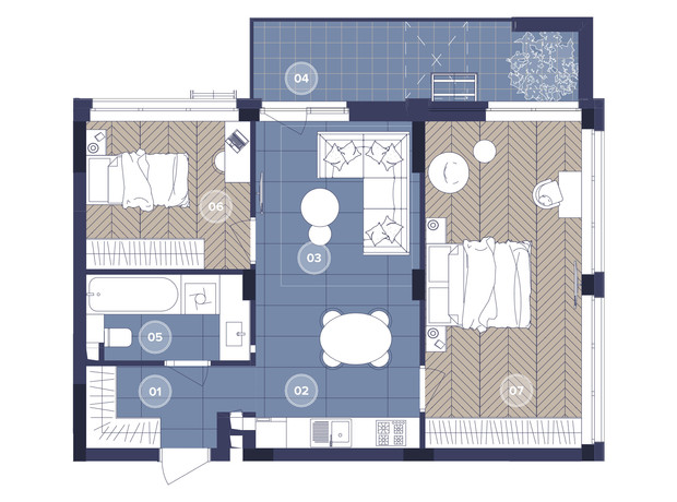 ЖК Dnipro Island: планування 2-кімнатної квартири 70.26 м²