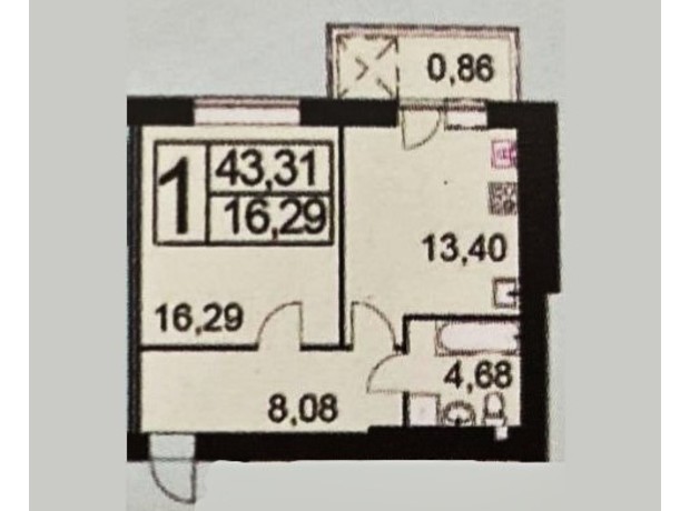 ЖК Софиевский Партал: планировка 1-комнатной квартиры 43.31 м²