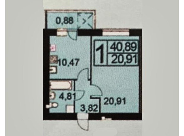 ЖК Софіївський Партал: планування 1-кімнатної квартири 40.89 м²