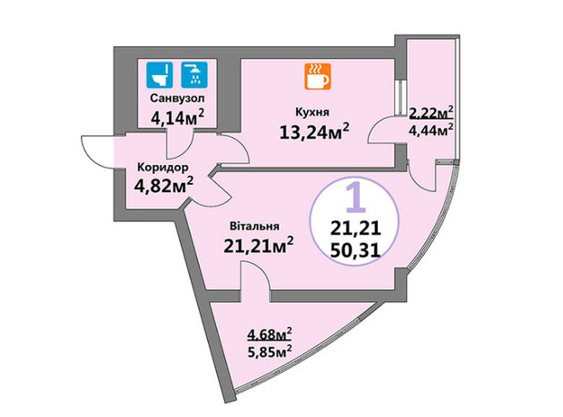 ЖК Эко-Дом на Тракте 4: планировка 1-комнатной квартиры 50.3 м²