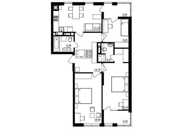 ЖК Обухівський ключ: планування 3-кімнатної квартири 93.42 м²