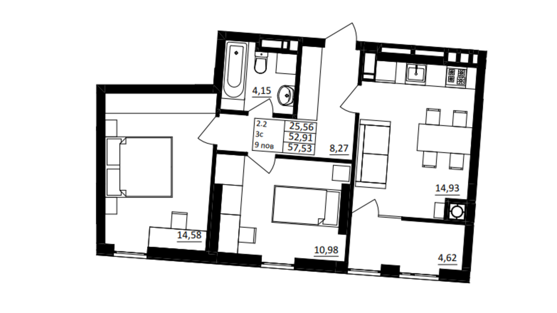 Планування 2-кімнатної квартири в ЖК Обухівський ключ 57.53 м², фото 680350