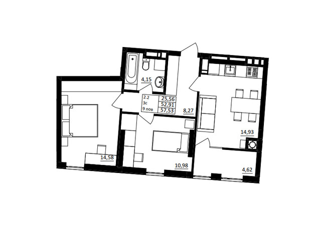 ЖК Обухівський ключ: планування 2-кімнатної квартири 57.53 м²