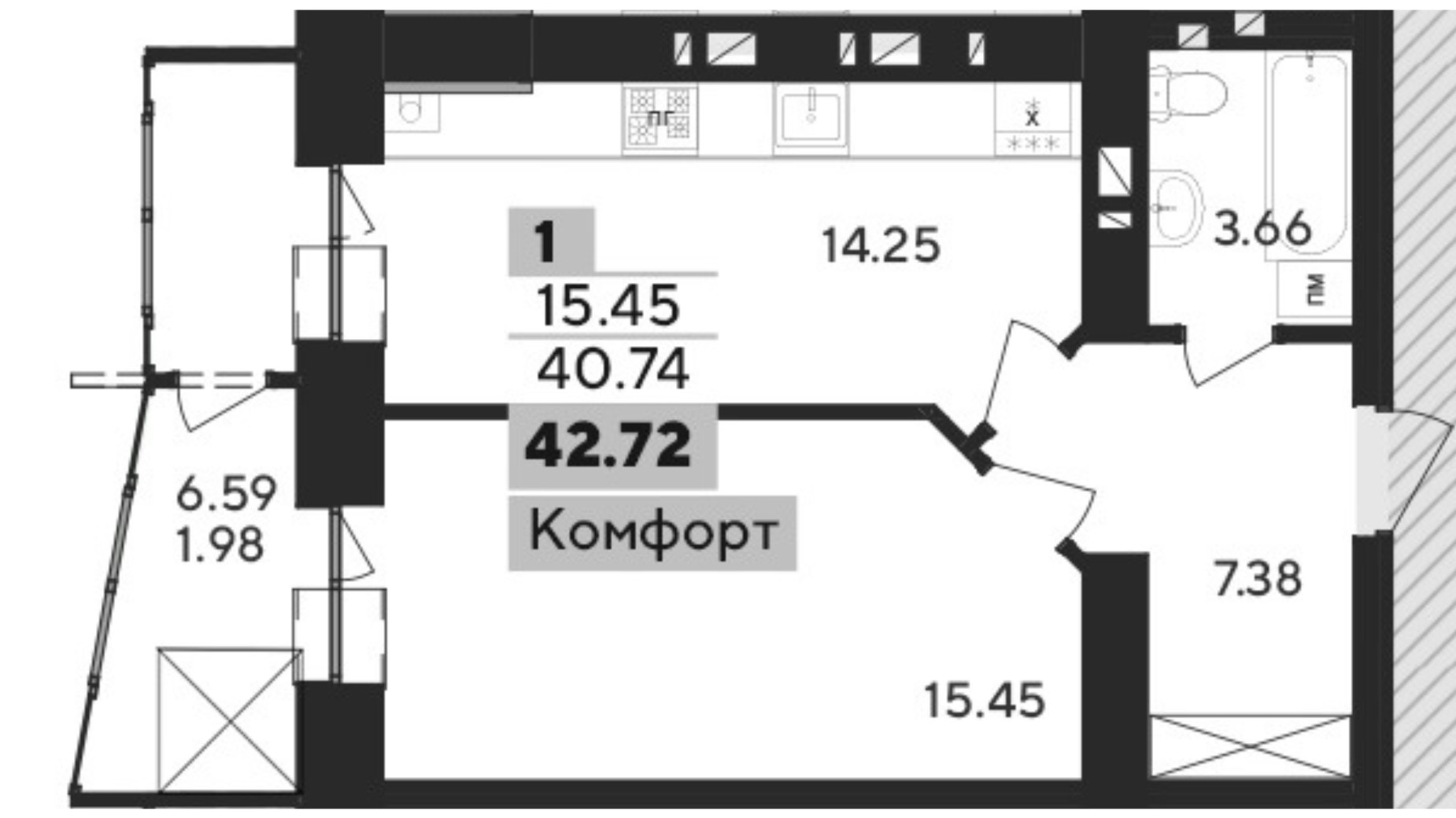 Планировка 1-комнатной квартиры в ЖК Argo 44.59 м², фото 680529