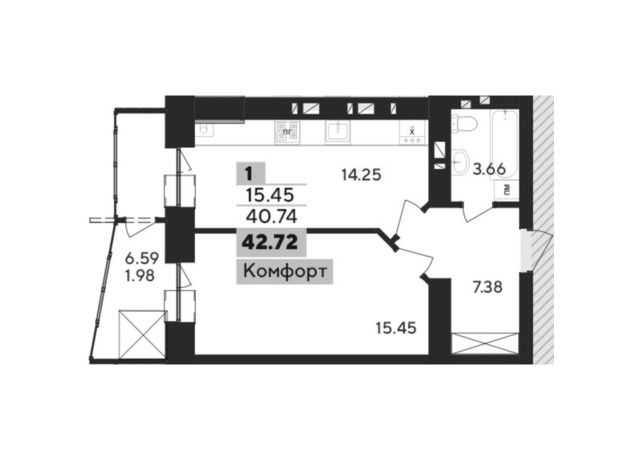 ЖК Argo: планировка 1-комнатной квартиры 44.59 м²