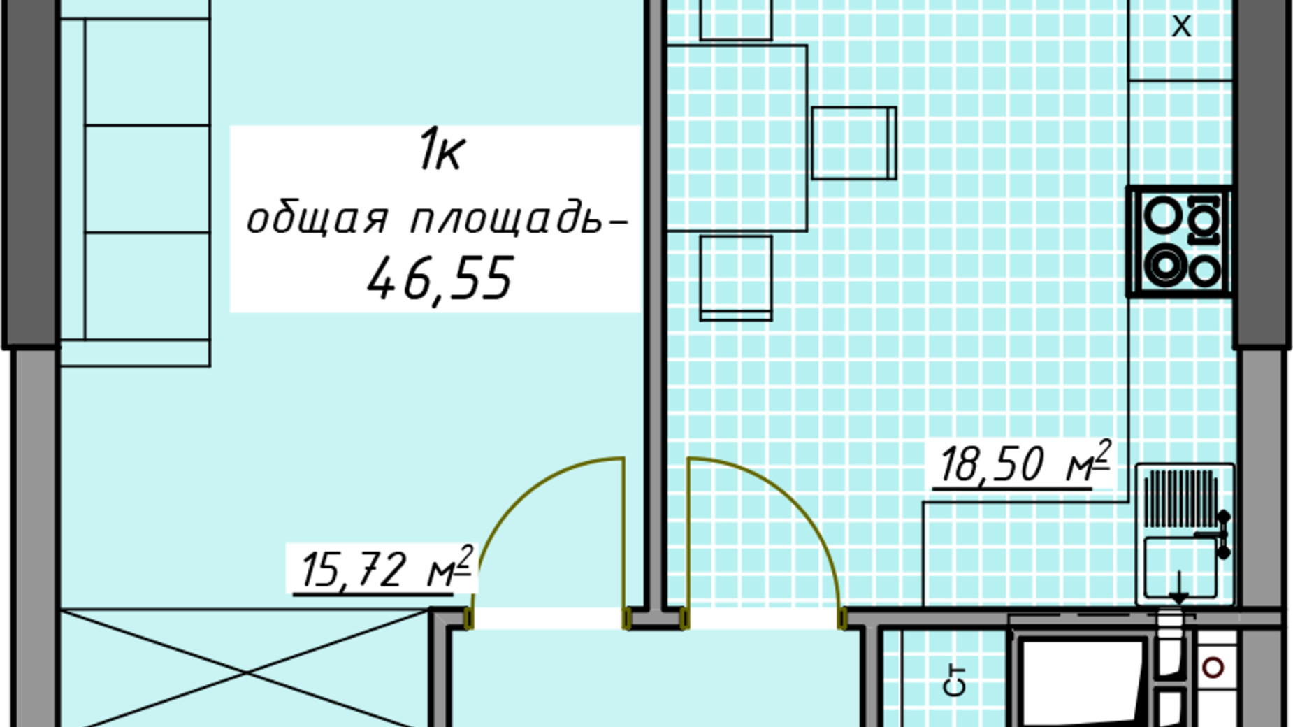 Планировка 1-комнатной квартиры в ЖК Атмосфера 46.55 м², фото 680549