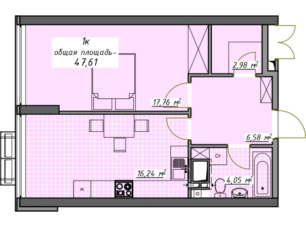 ЖК Атмосфера: планування 1-кімнатної квартири 47.61 м²