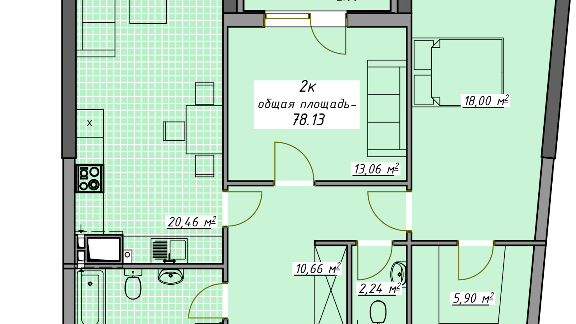 Планировка 2-комнатной квартиры в ЖК Атмосфера 78.13 м², фото 680551