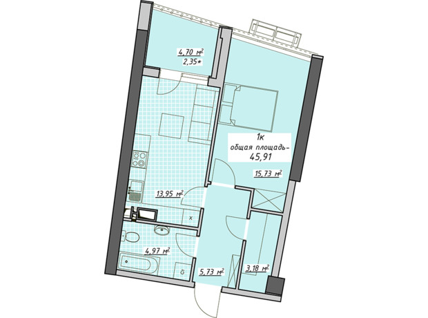 ЖК Атмосфера: планування 1-кімнатної квартири 45.91 м²