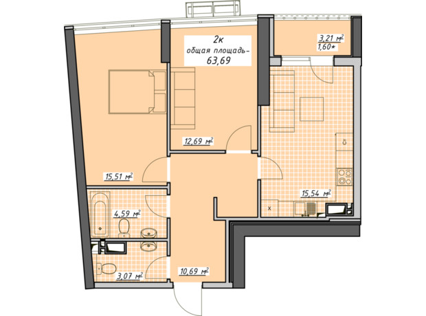 ЖК Атмосфера: планування 2-кімнатної квартири 63.69 м²