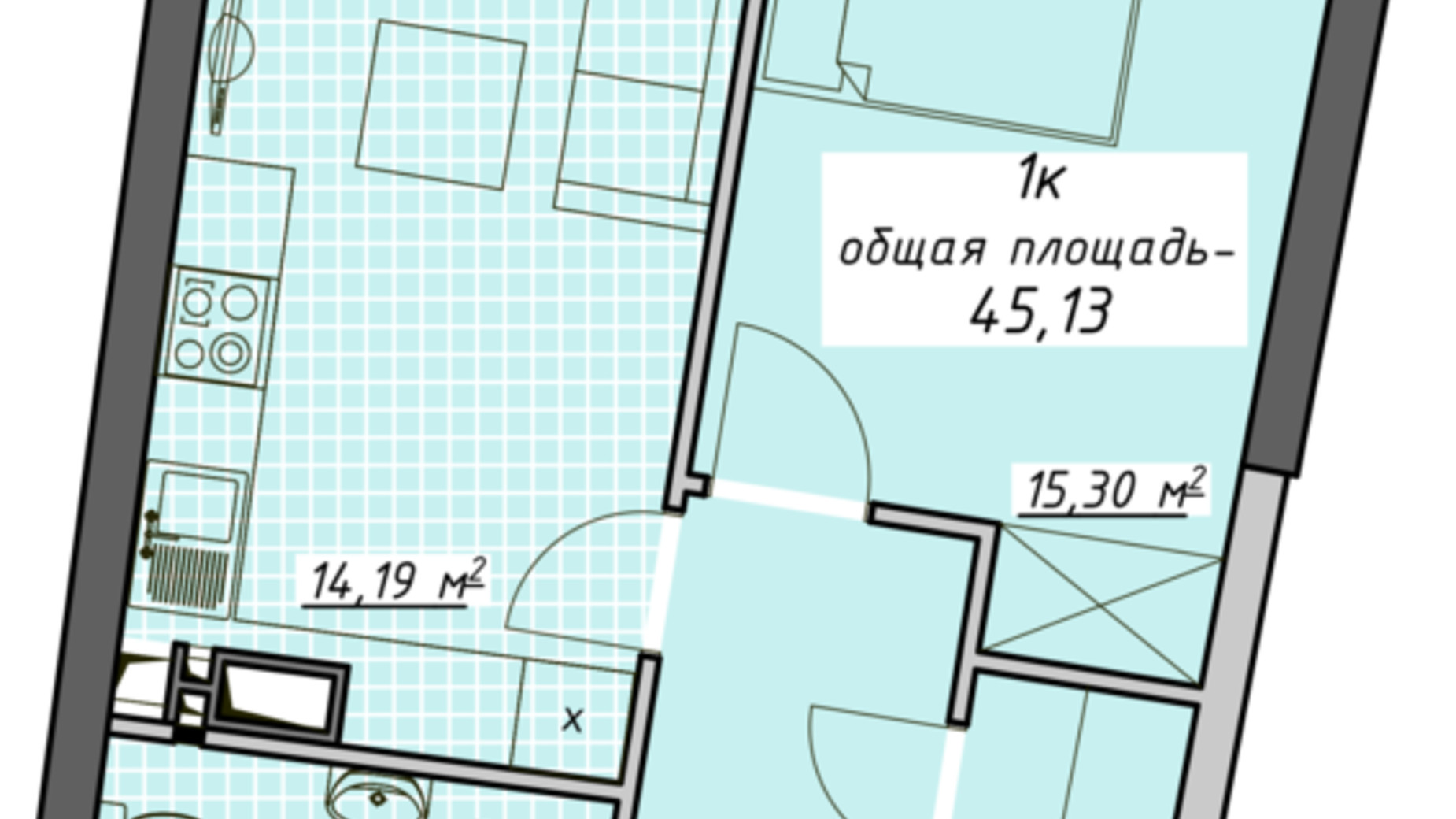 Планировка 1-комнатной квартиры в ЖК Атмосфера 45.13 м², фото 680557