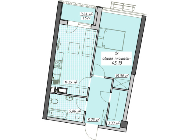 ЖК Атмосфера: планування 1-кімнатної квартири 45.13 м²