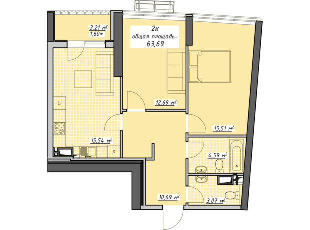 ЖК Атмосфера: планування 2-кімнатної квартири 63.69 м²