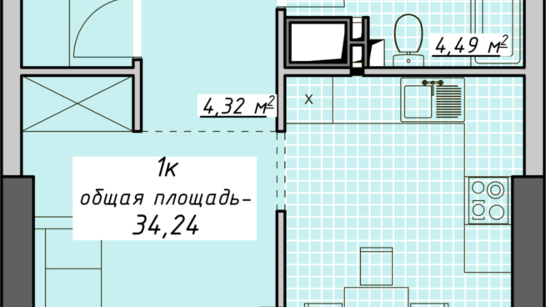 Планування 1-кімнатної квартири в ЖК Атмосфера 34.24 м², фото 680559