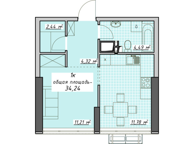 ЖК Атмосфера: планування 1-кімнатної квартири 34.24 м²