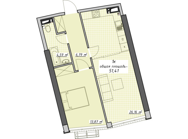 ЖК Атмосфера: планировка 1-комнатной квартиры 51.41 м²