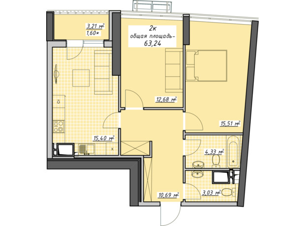 ЖК Атмосфера: планировка 2-комнатной квартиры 63.24 м²