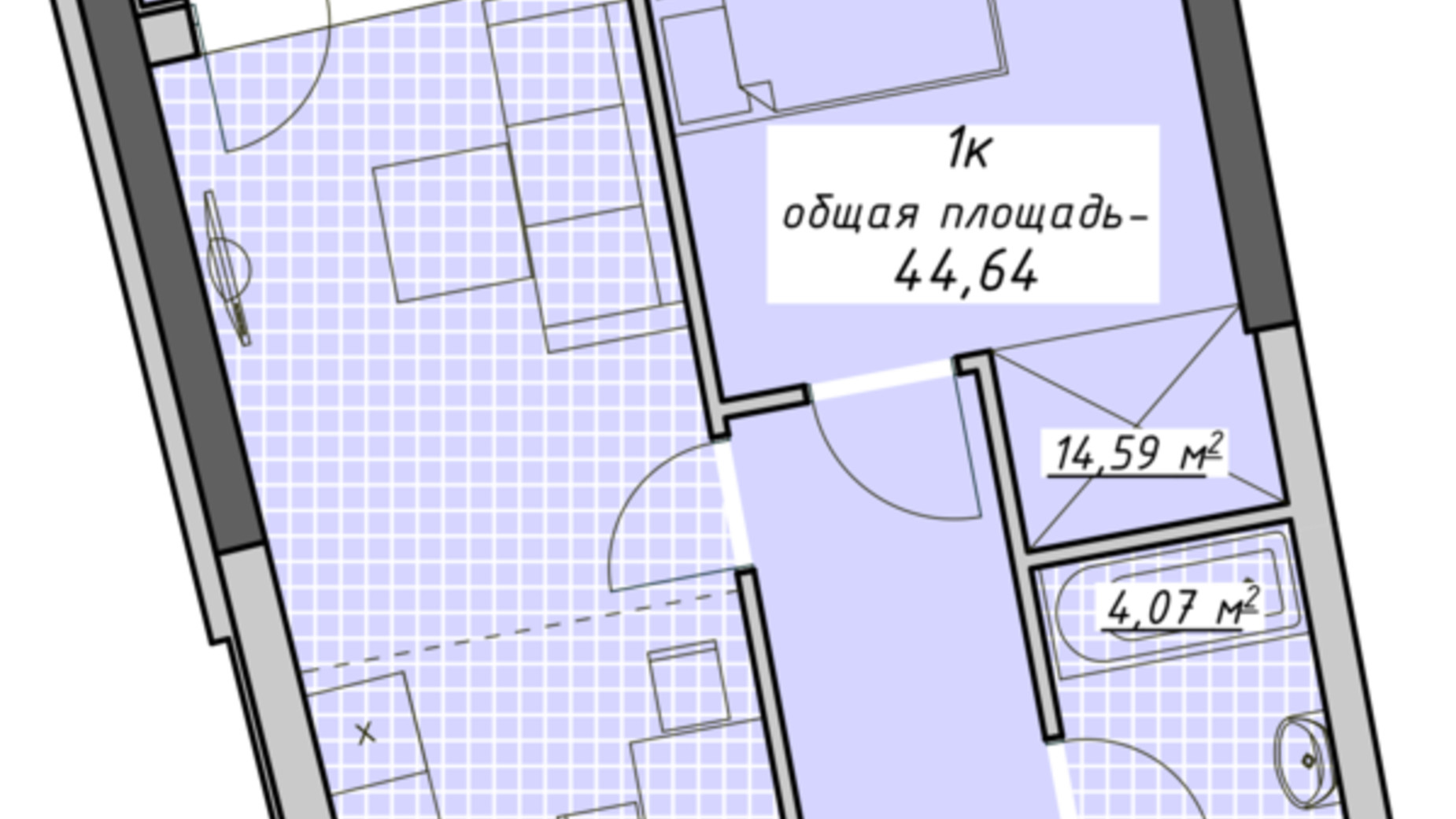 Планування 1-кімнатної квартири в ЖК Атмосфера 44.64 м², фото 680564