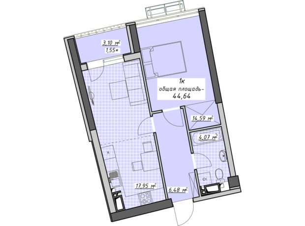 ЖК Атмосфера: планировка 1-комнатной квартиры 44.64 м²