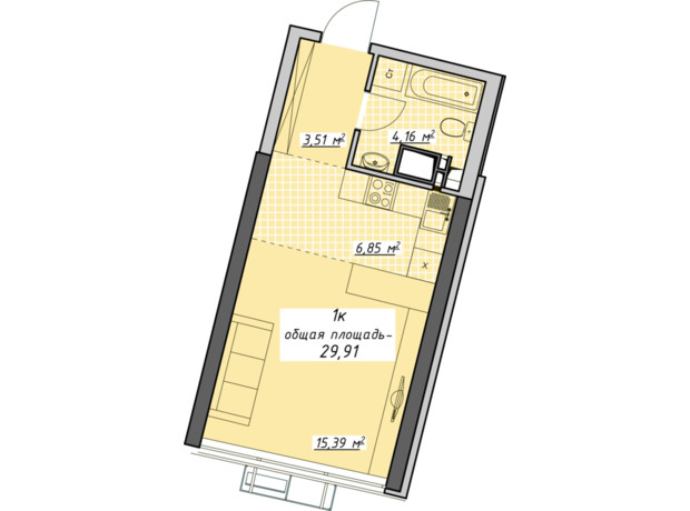 ЖК Атмосфера: планировка 1-комнатной квартиры 29.91 м²