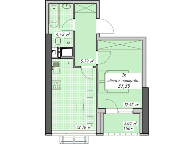 ЖК Атмосфера: планировка 1-комнатной квартиры 37.34 м²