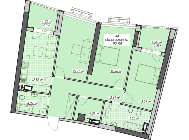 ЖК Атмосфера: планировка 3-комнатной квартиры 92.5 м²