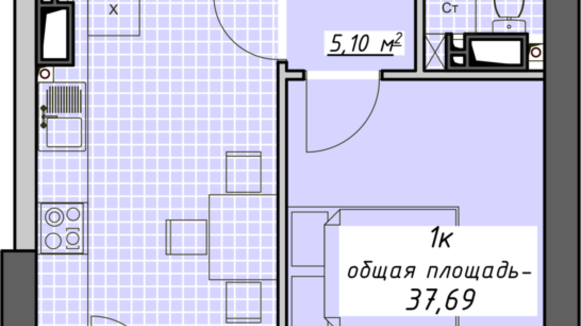 Планировка 1-комнатной квартиры в ЖК Атмосфера 37.69 м², фото 680569