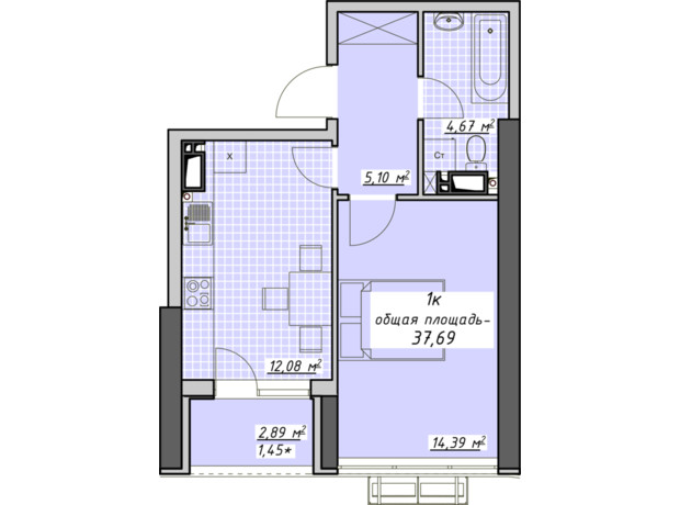 ЖК Атмосфера: планування 1-кімнатної квартири 37.69 м²