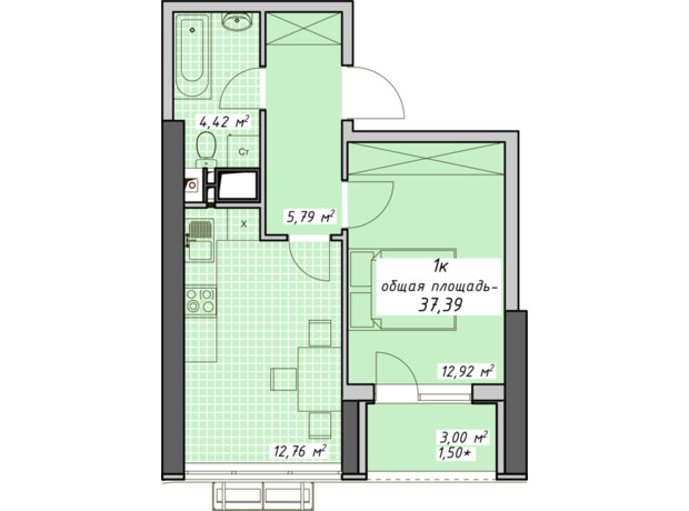 ЖК Атмосфера: планировка 1-комнатной квартиры 37.39 м²