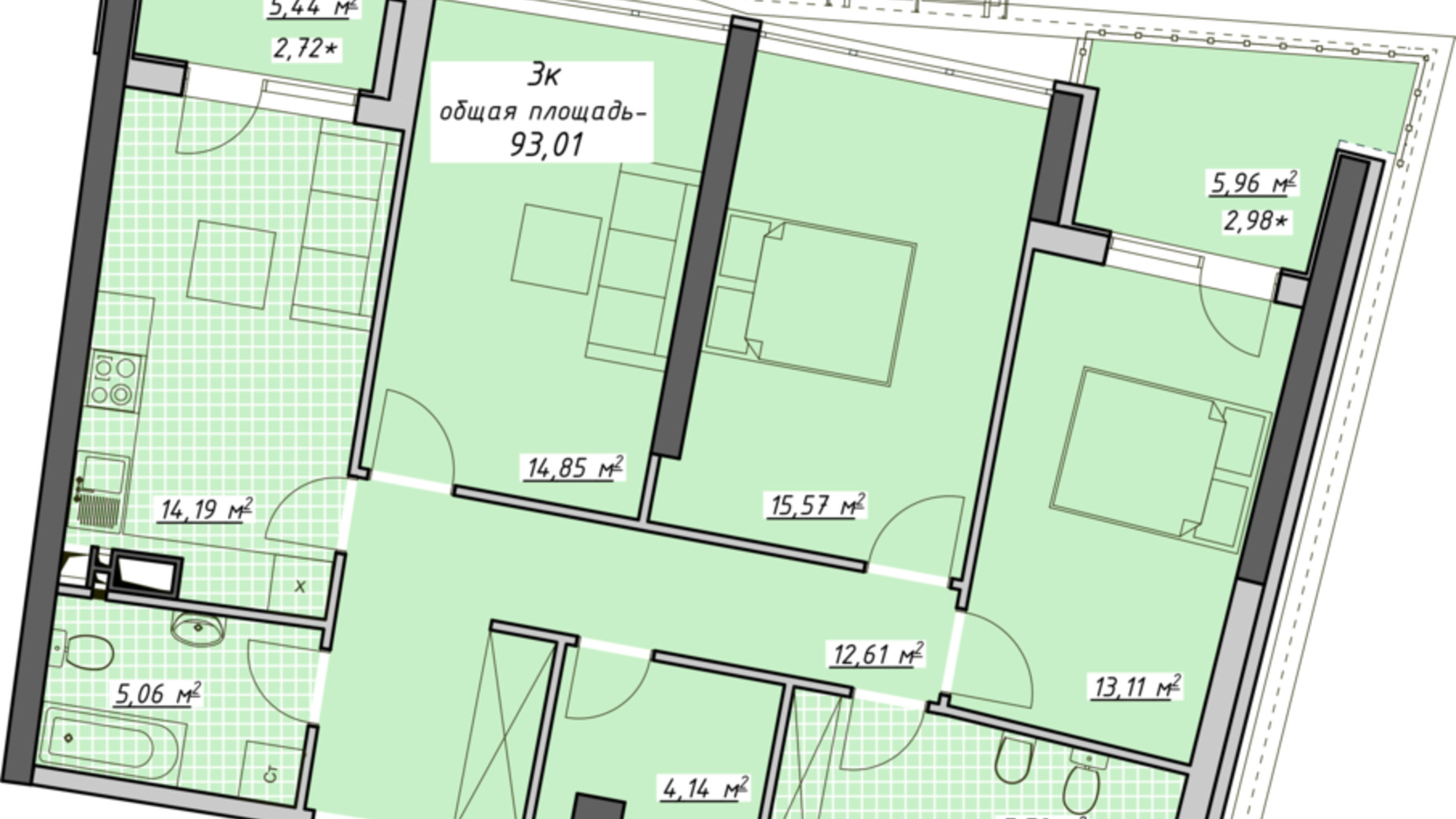 Планировка 3-комнатной квартиры в ЖК Атмосфера 93.01 м², фото 680571