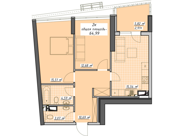 ЖК Атмосфера: планировка 2-комнатной квартиры 64.99 м²