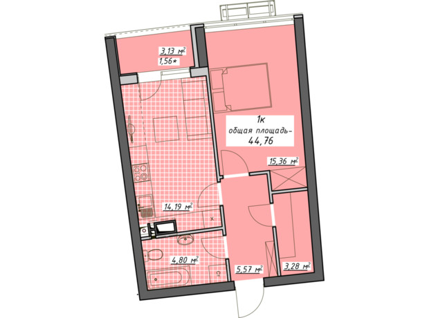 ЖК Атмосфера: планировка 1-комнатной квартиры 44.76 м²