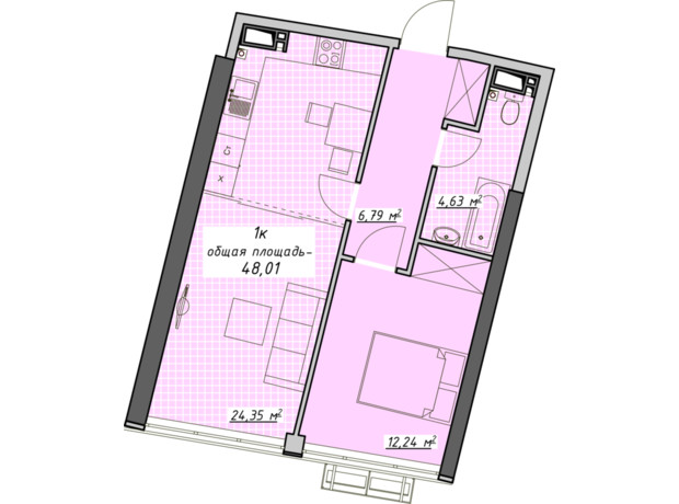 ЖК Атмосфера: планировка 1-комнатной квартиры 48.01 м²