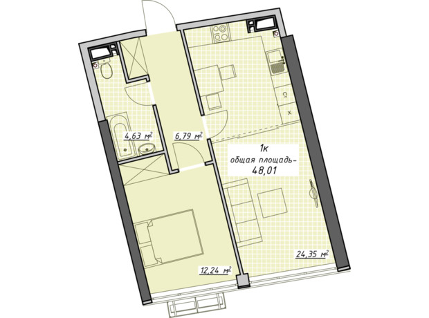 ЖК Атмосфера: планировка 1-комнатной квартиры 48.01 м²