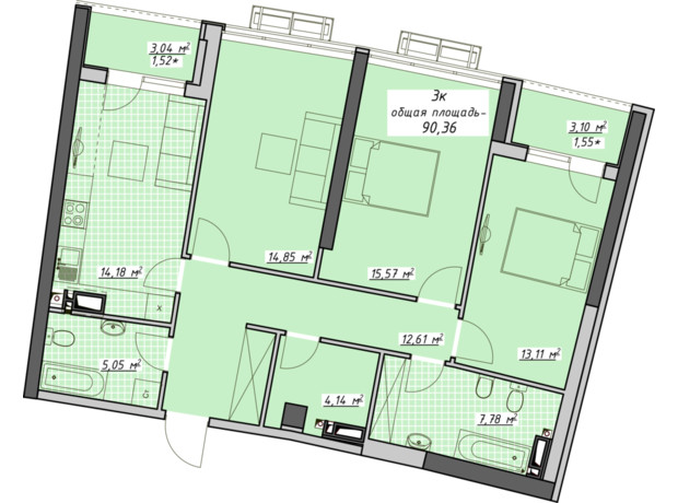 ЖК Атмосфера: планування 3-кімнатної квартири 90.36 м²