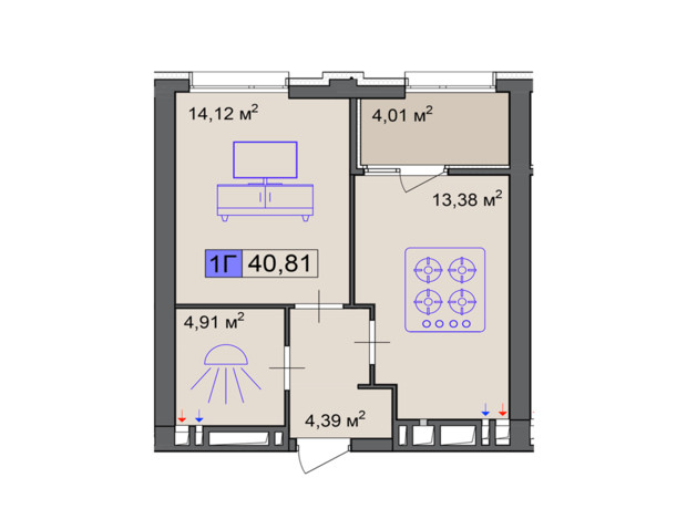 ЖК Пастерівський: планування 1-кімнатної квартири 40.81 м²