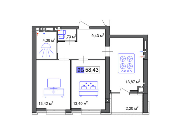 ЖК Пастерівський: планування 2-кімнатної квартири 58.43 м²