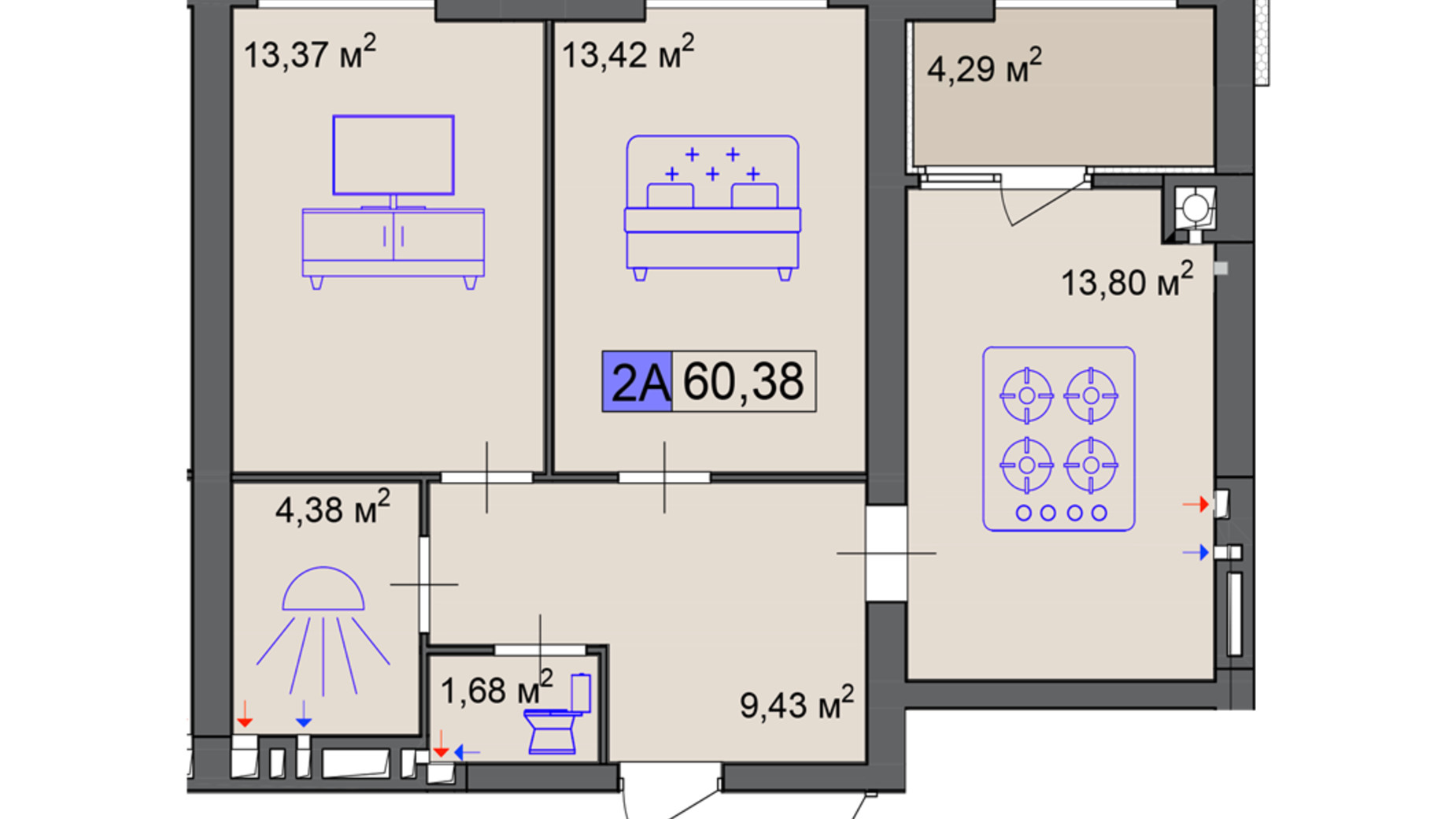 Планировка 2-комнатной квартиры в ЖК Пастеровский 60.38 м², фото 680613