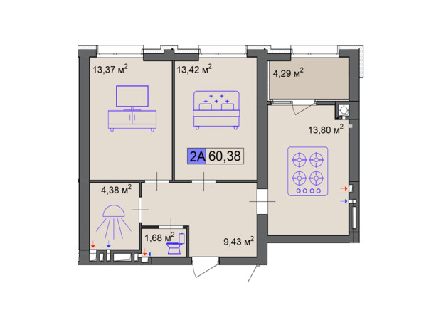 ЖК Пастерівський: планування 2-кімнатної квартири 60.38 м²