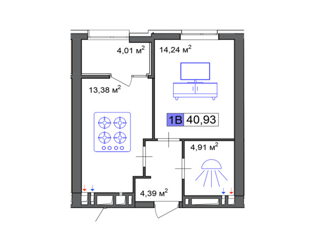 ЖК Пастерівський: планування 1-кімнатної квартири 40.93 м²