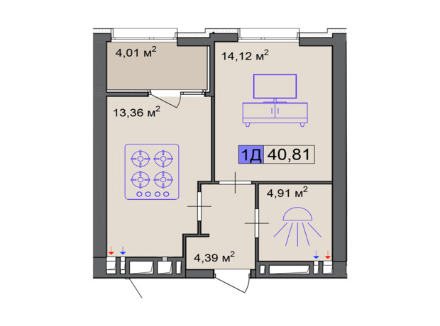 ЖК Пастерівський: планування 1-кімнатної квартири 40.81 м²