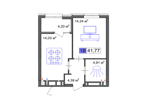ЖК Пастерівський: планування 1-кімнатної квартири 41.77 м²