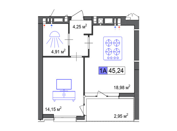 ЖК Пастерівський: планування 1-кімнатної квартири 45.24 м²