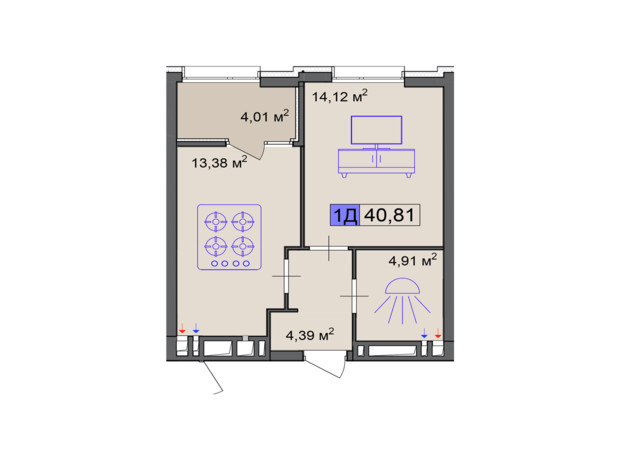 ЖК Пастерівський: планування 1-кімнатної квартири 40.81 м²