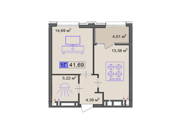 ЖК Пастерівський: планування 1-кімнатної квартири 41.69 м²