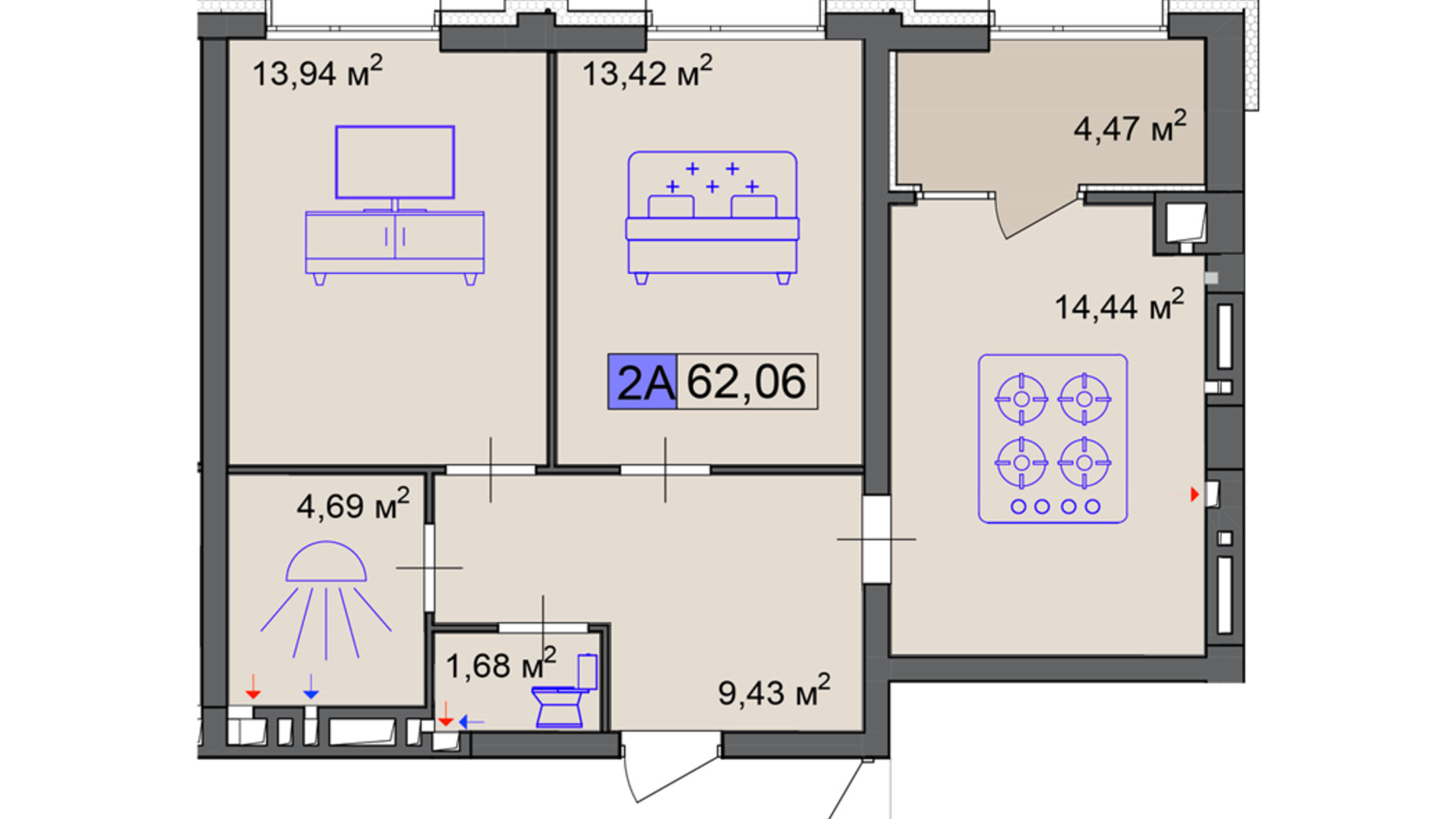 Планування 2-кімнатної квартири в ЖК Пастерівський 62.06 м², фото 680625