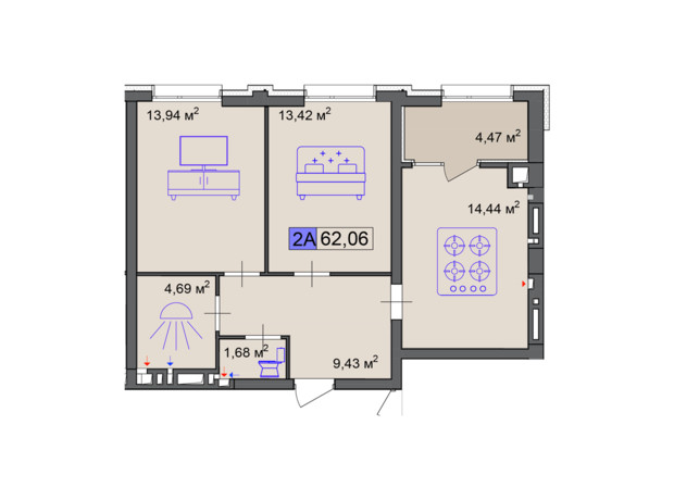 ЖК Пастерівський: планування 2-кімнатної квартири 62.06 м²